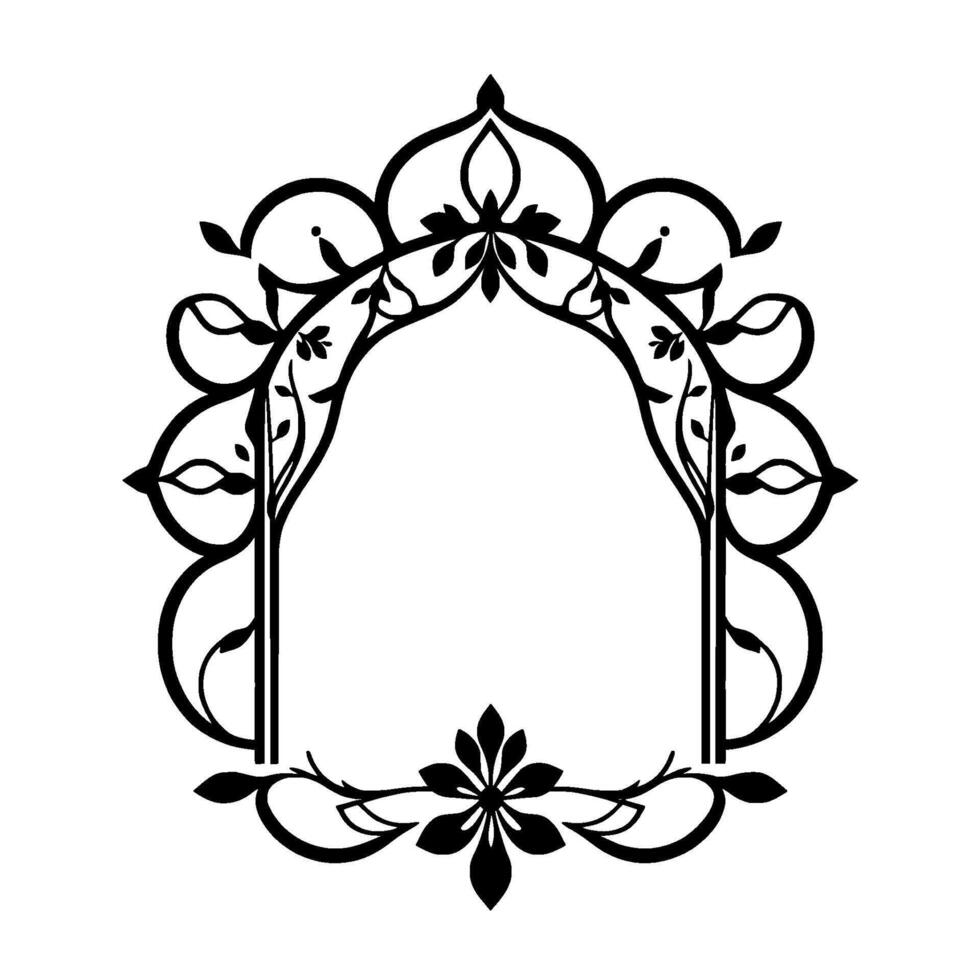 Elegant Black and White Floral Archway Frame with Foliage and Geometric Ornamentation, Isolated on White Background vector