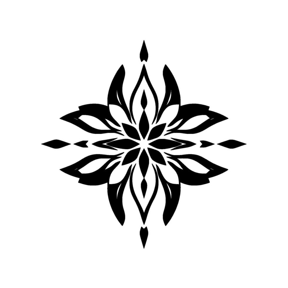 Symmetrical Black and White Floral Mandala with Ornamental LeafShaped Petals Radiating from a Central Point on a White Background. vector