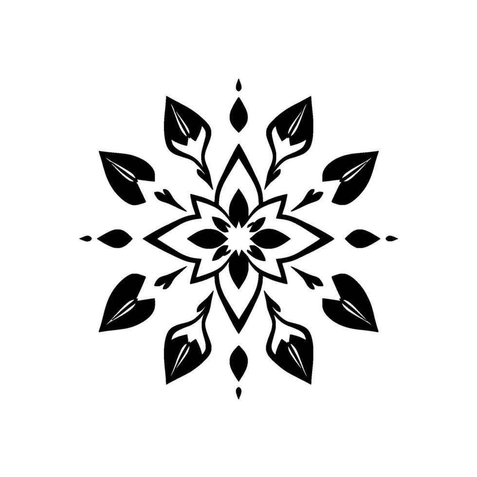 Intricate symmetric black floral mandala pattern with stylized leaves and teardrop details, centered on white background. vector