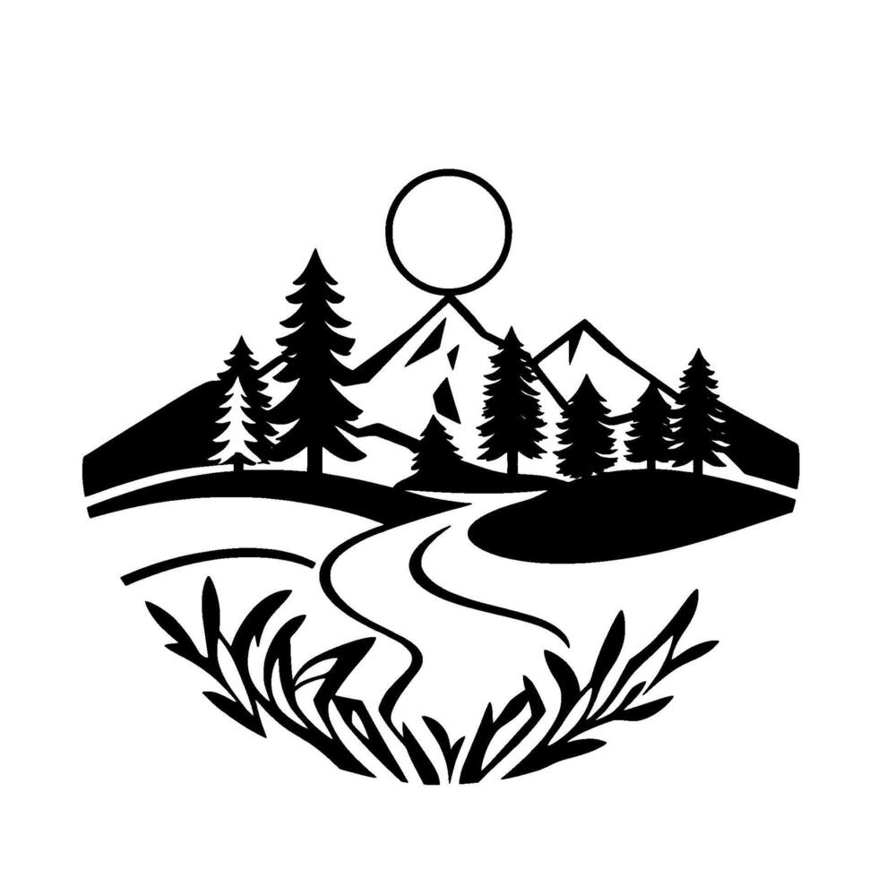 Black and white stylized landscape illustration featuring mountains, pine trees, winding path, and a sun or moon, evoking tranquility. vector