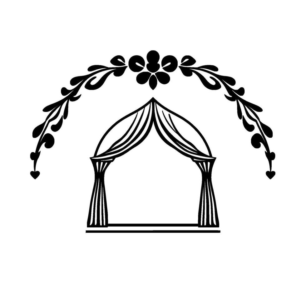 Elegant Black and White Wedding Arch with Floral and Leafy Garland, Heart Accents, and a Clean, Minimalist for Invitations or Decorations. vector