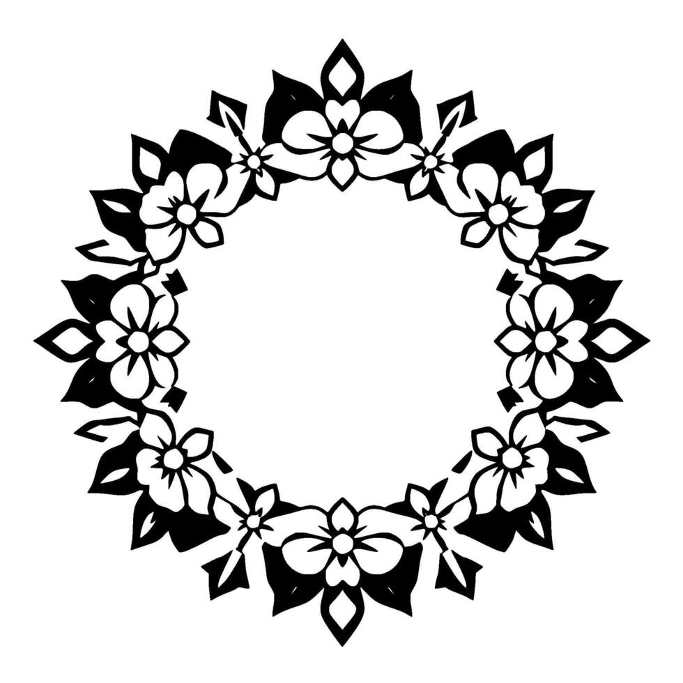 Intricate black and white floral wreath , featuring stylized flowers, leaves, and symmetrical arrangement, perfect for framing. vector