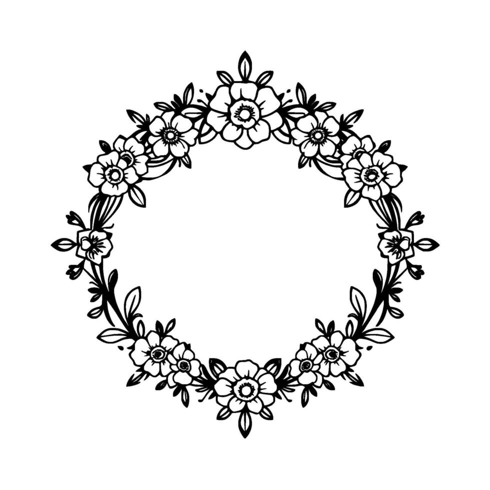 Elegant Black and White Floral Wreath Circular Composition of Detailed Flowers and Foliage, with a Clean and Simple Aesthetic. vector