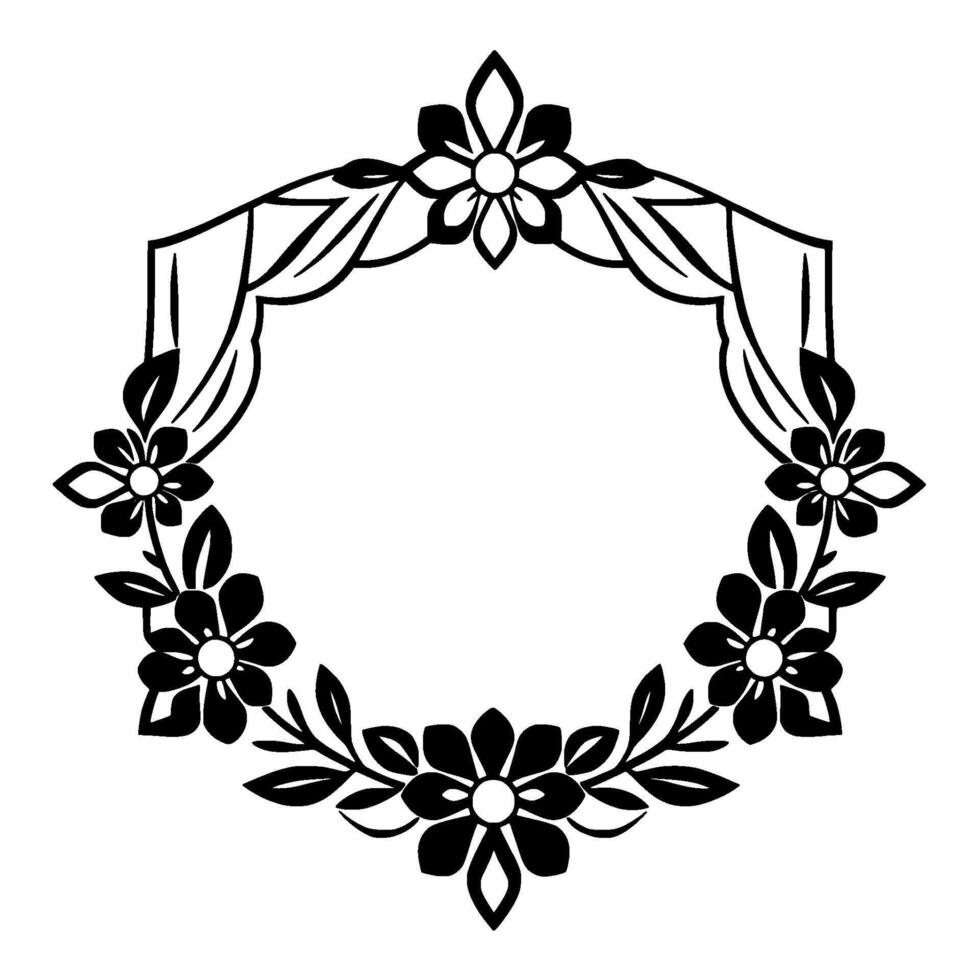 Ornate Black and White Floral Frame, Decorative Hexagonal Border with Detailed Flower and Leaf Elements, Elegant . vector