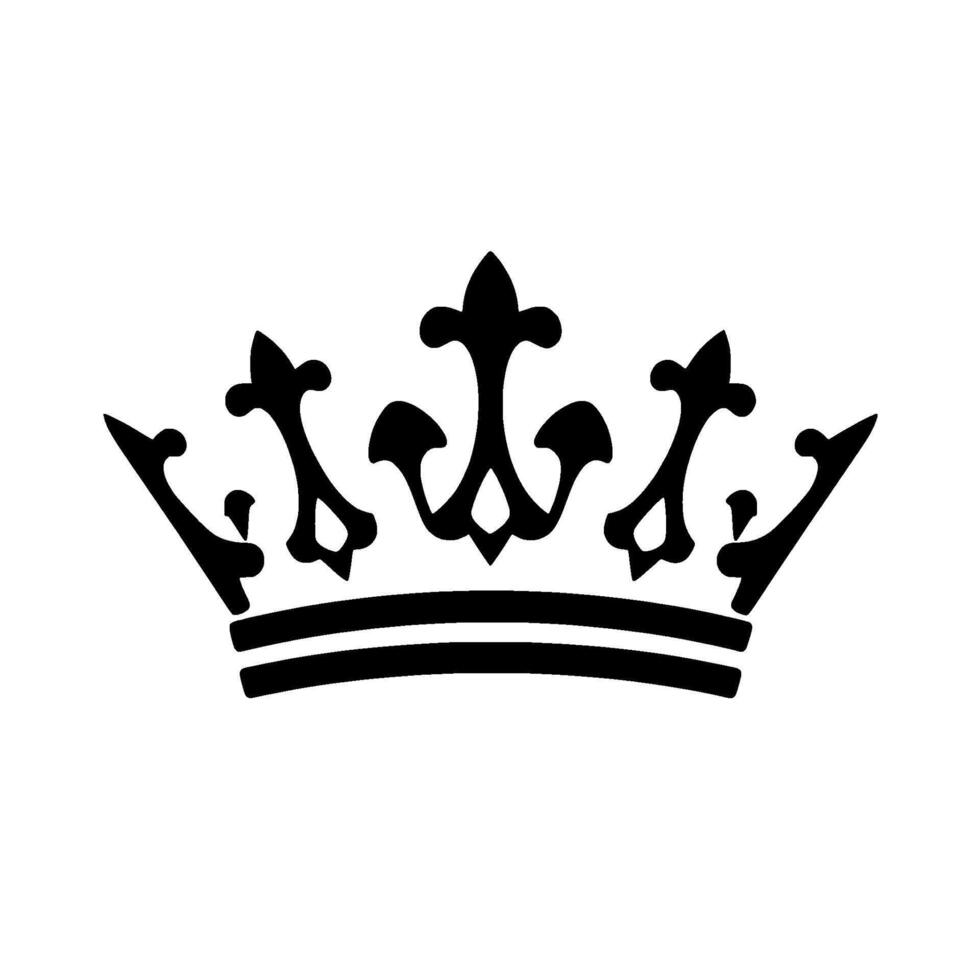 Simple, elegant, black silhouette of a royal crown, showcasing symmetrical and regal details on a bright white background. vector