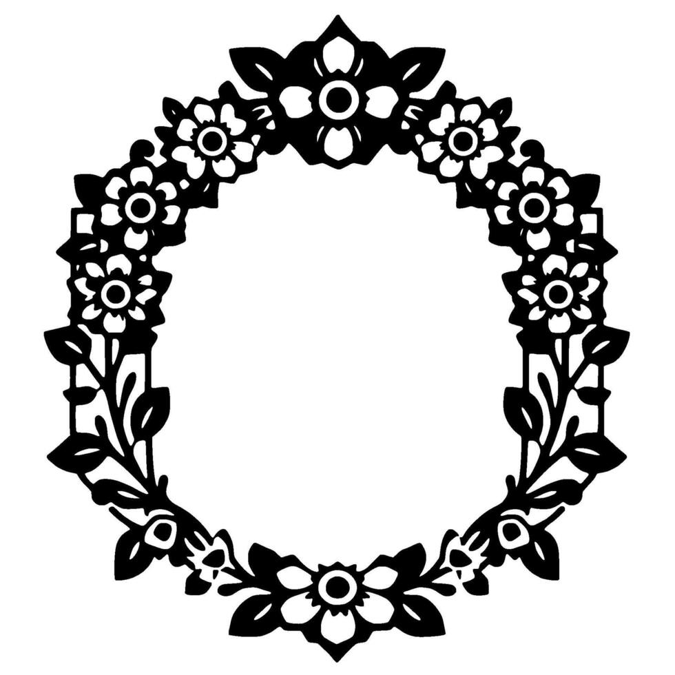 Intricate Black and White Floral Wreath A symmetrical, decorative of stylized flowers and leaves, perfect for elegant frames. vector