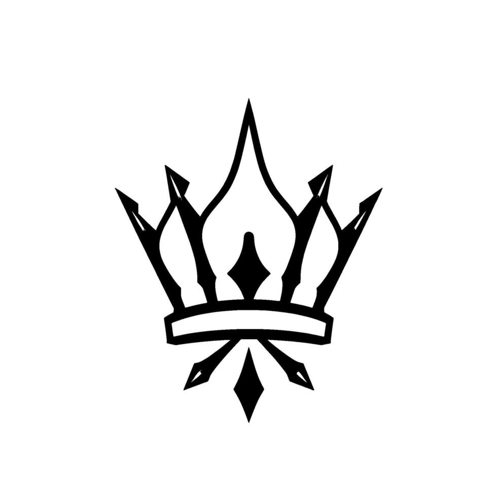 Stylized Black and White Crown Emblem Featuring Sharp Spikes, Diamonds, and Geometric Lines on a White Background. vector