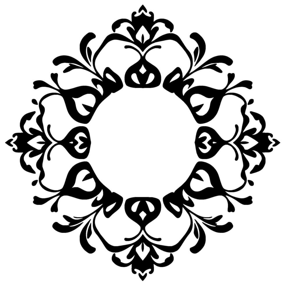 Ornate black and white symmetrical floral , a circular decorative frame, elegant and stylized, isolated on white. vector