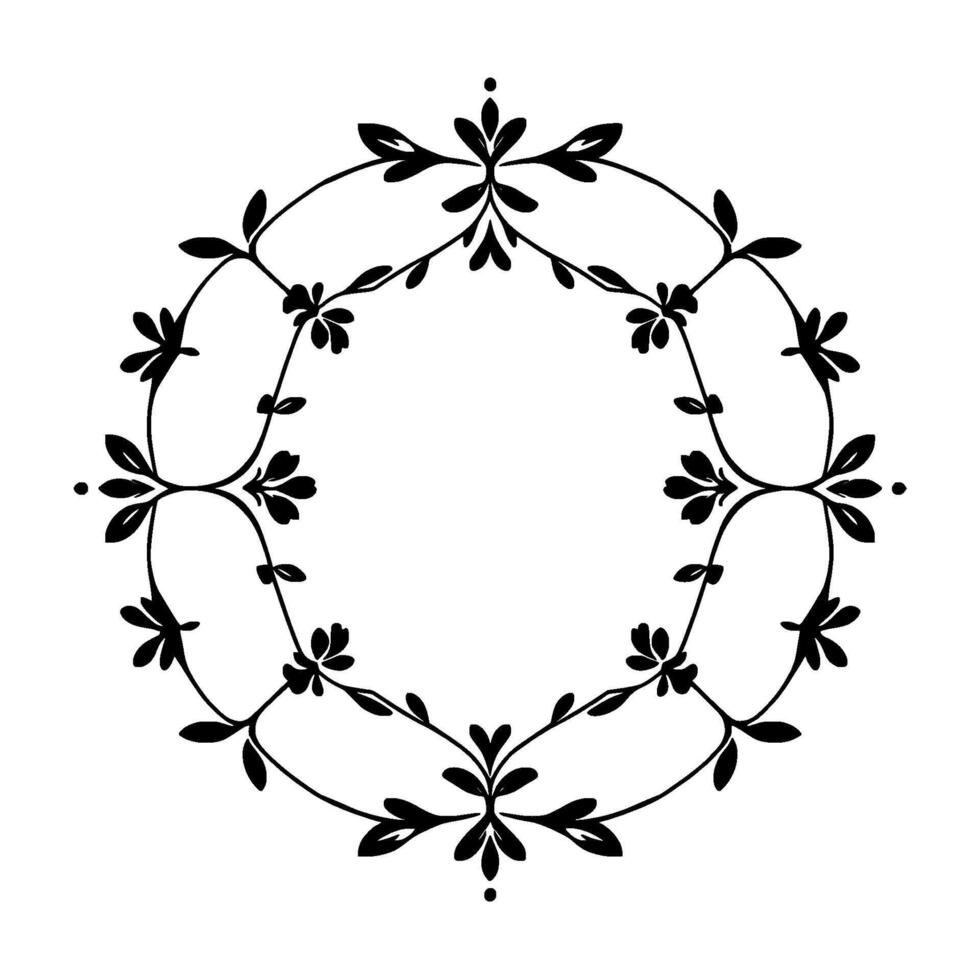 Elegant Black Floral Wreath with Delicate Leaves and Blossoms, Circular on White Background. vector