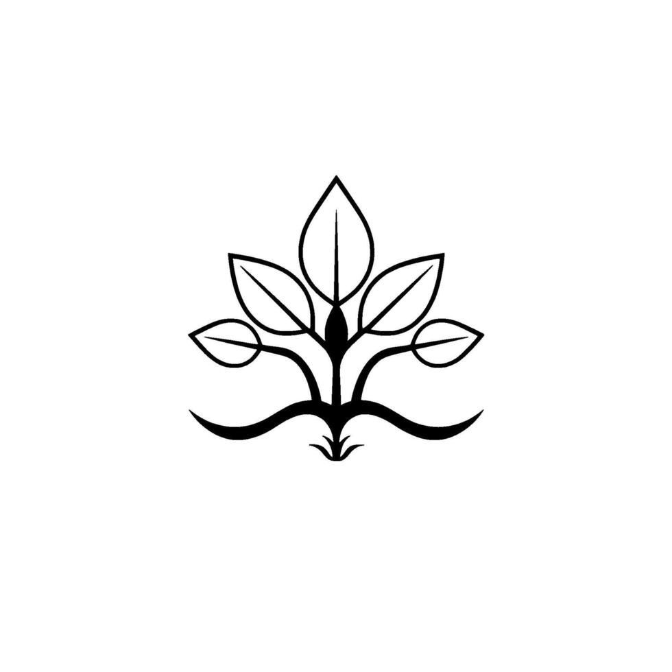 Simple Black and White Floral Illustration Depicting a Stylized Plant with Leafy Branches and Curved Roots, Centered on White. vector