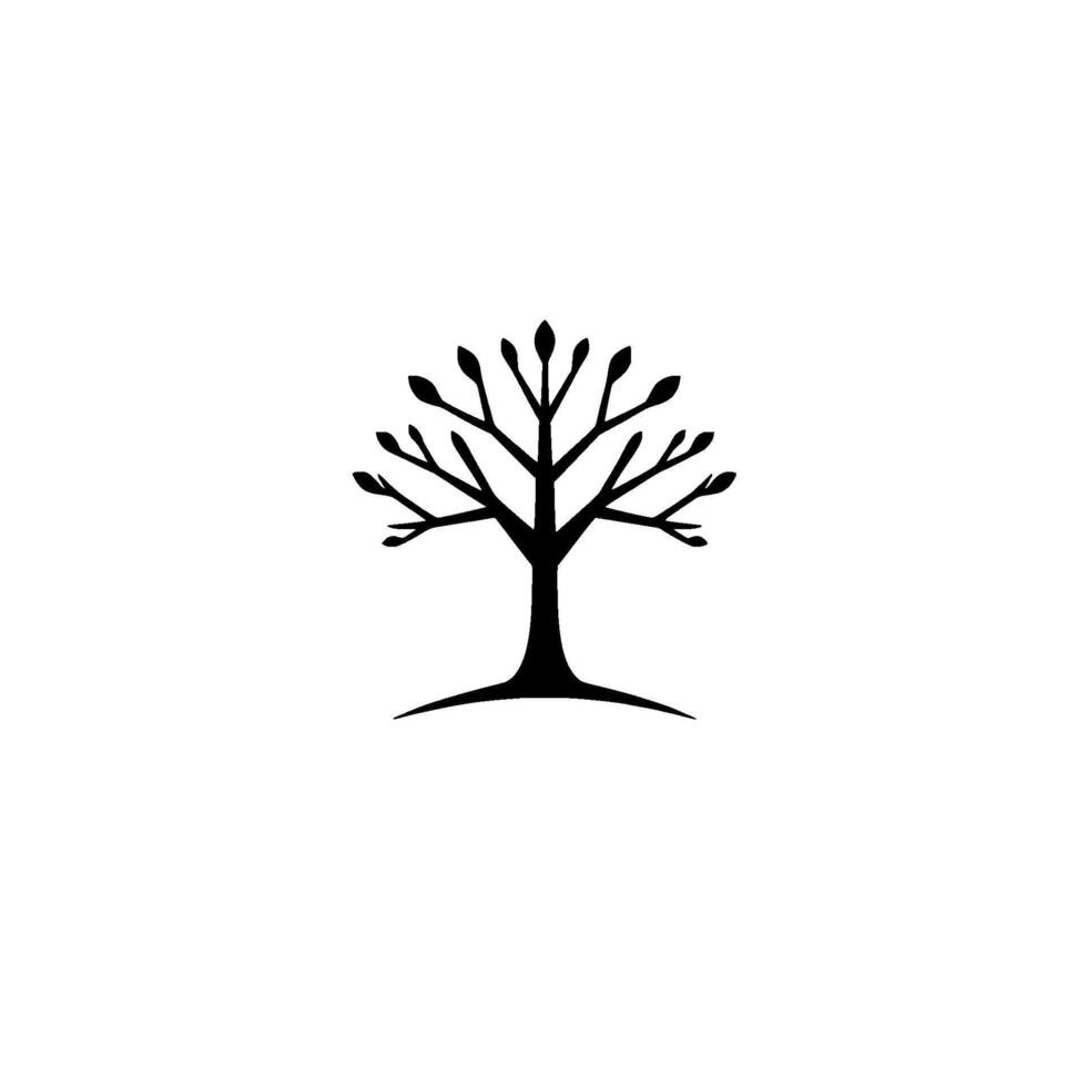 Isolated black silhouette of a stylized tree with symmetrically arranged branches and leaflike shapes on a stark white background. vector