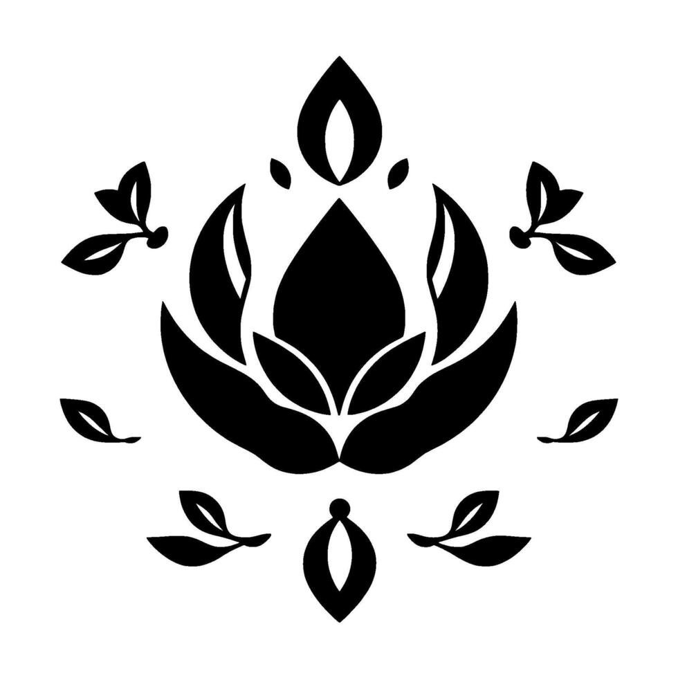Black and White Floral Emblem with surrounding Leaves and Buds, Symmetrical Arrangement on White Background. vector