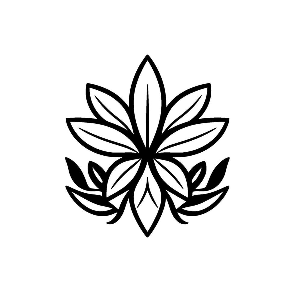 Symmetrical Black and White Floral with Large, Pointed Petals and Smaller Leafy Accents, a Modern Botanical Illustration. vector