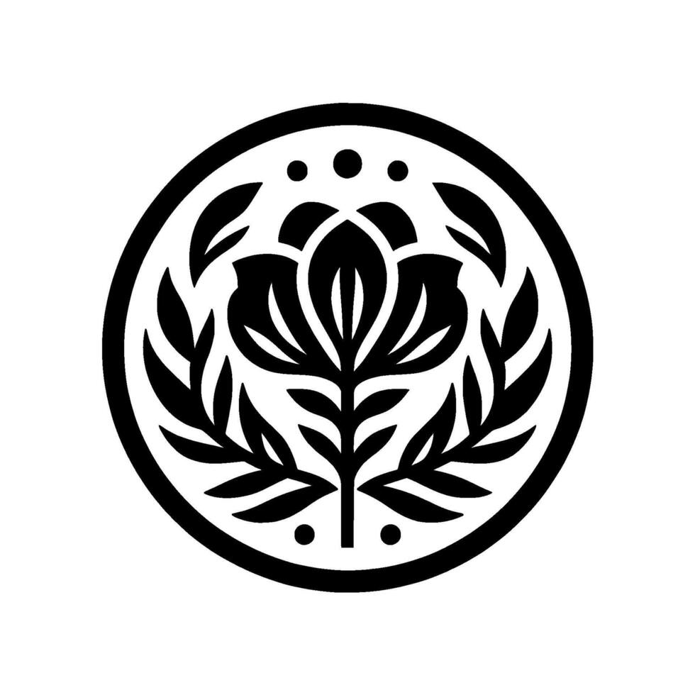Bold Black and White Circular Floral Emblem Featuring a Stylized Blossom, Leaves, and Delicate Dots, Creating a Symmetrical and Elegant . vector