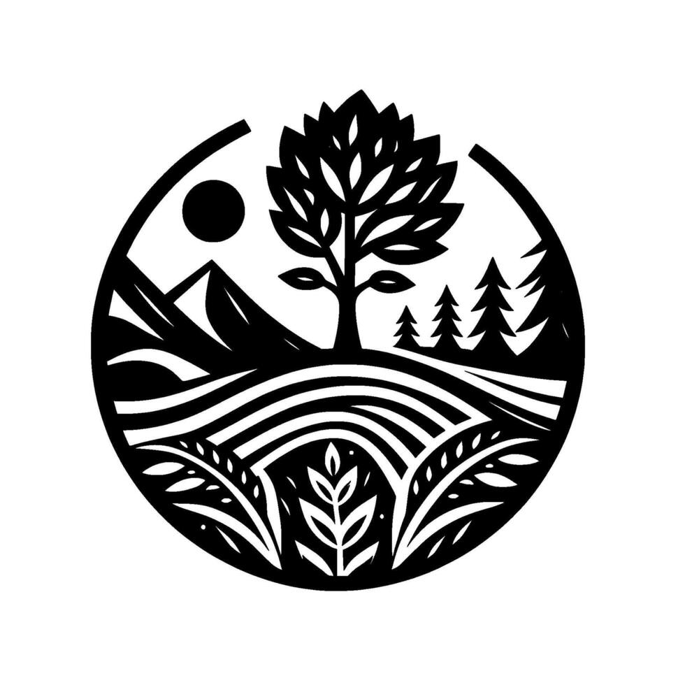 Black and White Circular Nature Illustration Tree, Mountains, Sun, and Forest Silhouette. vector