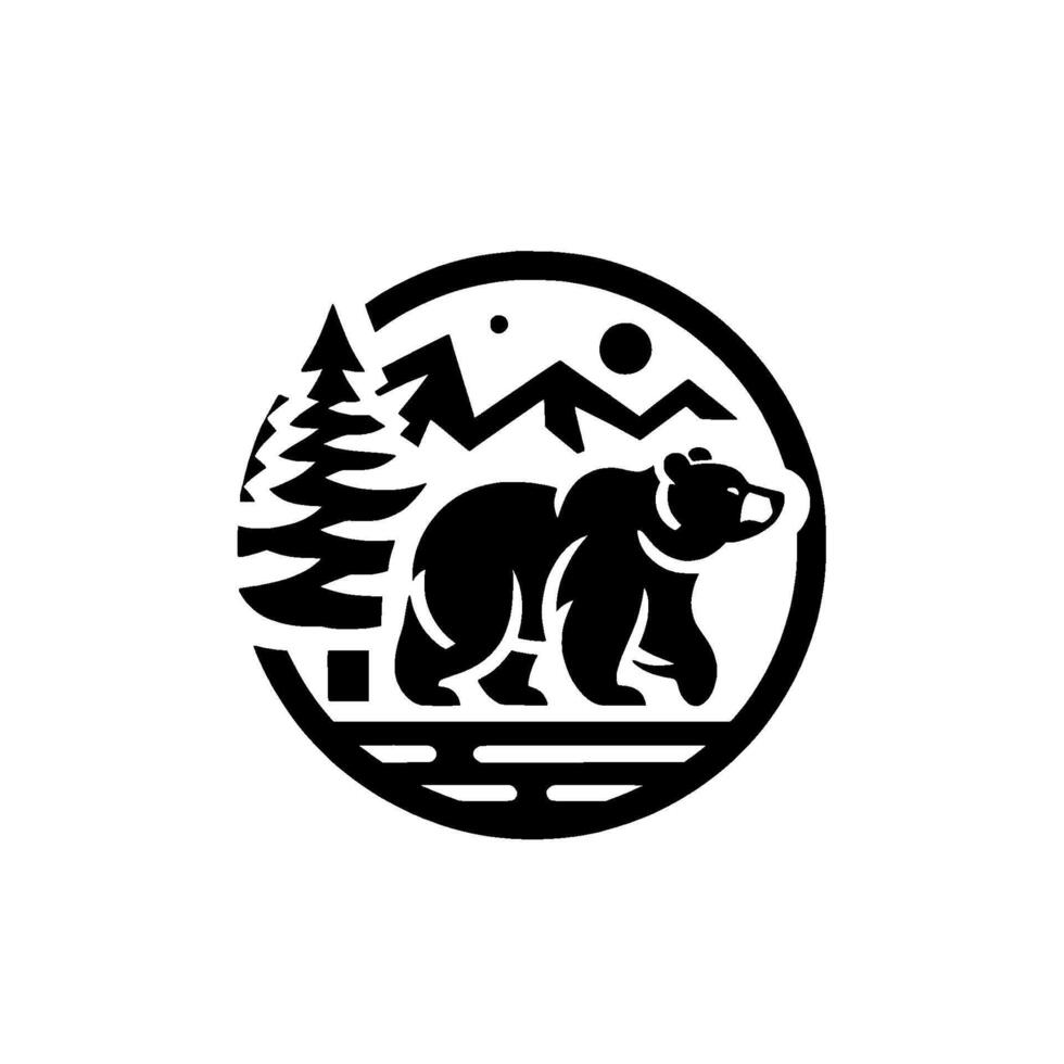 Stylized Black and White Circular Depicting a Bear in a Mountainous Forest Scene. The image features a bear walking in a mountainous forest setting with mountains, a sun, and a tree inside the ci vector