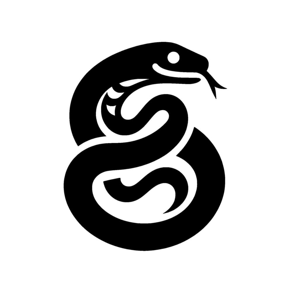 Minimalist Black Snake Silhouette with Coiled Body, Tongue Out, White Background, Symbolic Illustration. vector