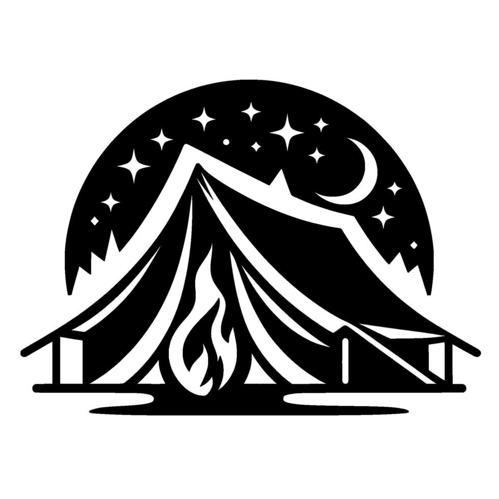 Silhouette Camping Scene Tent, Campfire, Mountains, Stars, and Moon under a Black Night Sky vector