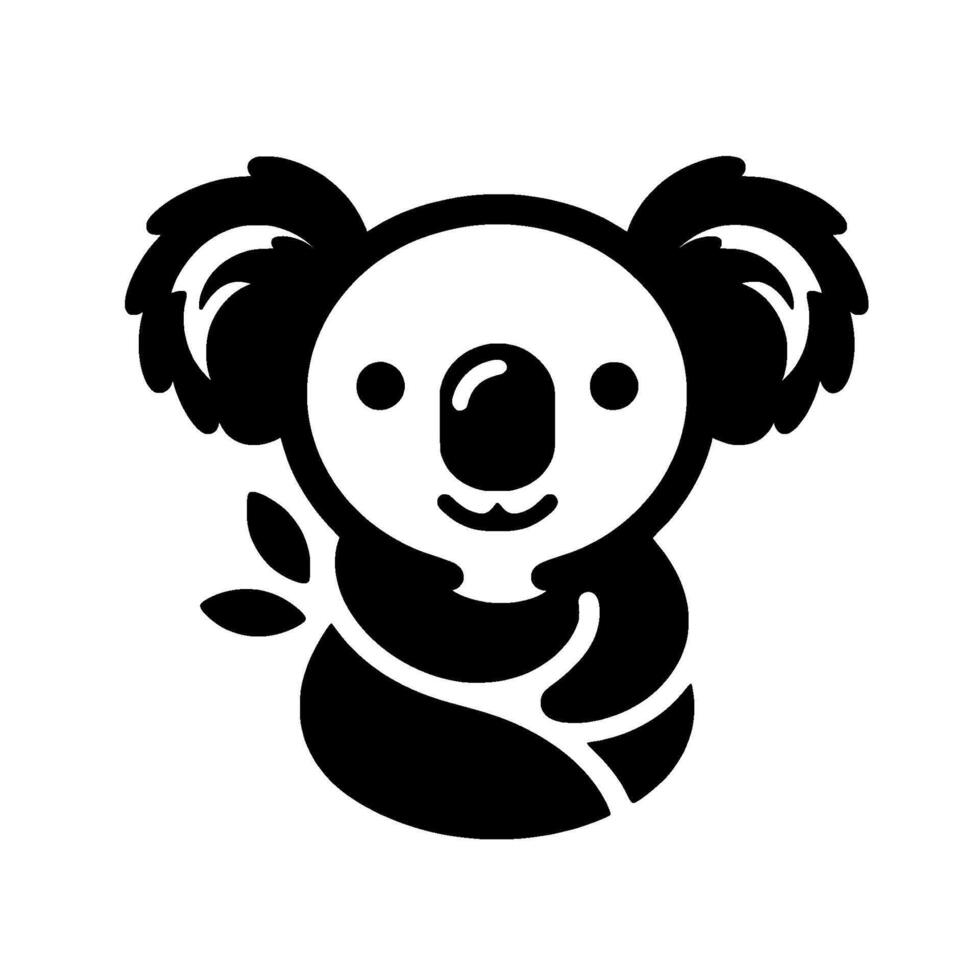 Whimsical Black and White Koala Illustration with Leaf Branch, Smiling Cute, Simple on White Background. vector