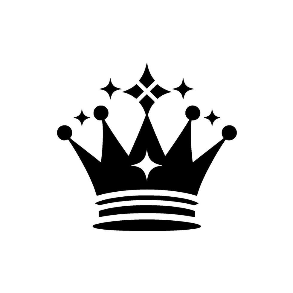 Black and white minimalist crown illustration with sparkle details, symbolizing royalty, power, and luxury, set against a clean white backdrop. vector