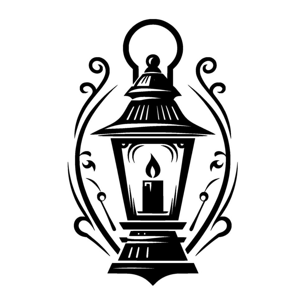 Intricate black and white illustration of a vintage lantern, candle lit, with ornate decorative flourishes, set against a white backdrop. vector