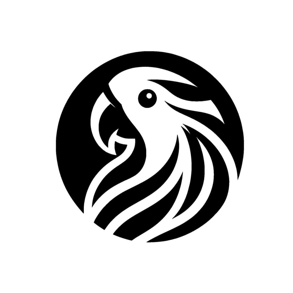 Abstract black and white of a parrot head within a circle, showcasing a minimalist style. vector