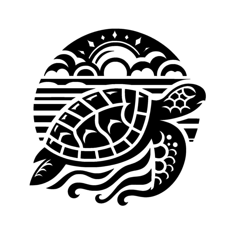 Black and White Sea Turtle Silhouette with Sunset Background, Wave Accents in a Geometric Tribal Art Style. vector