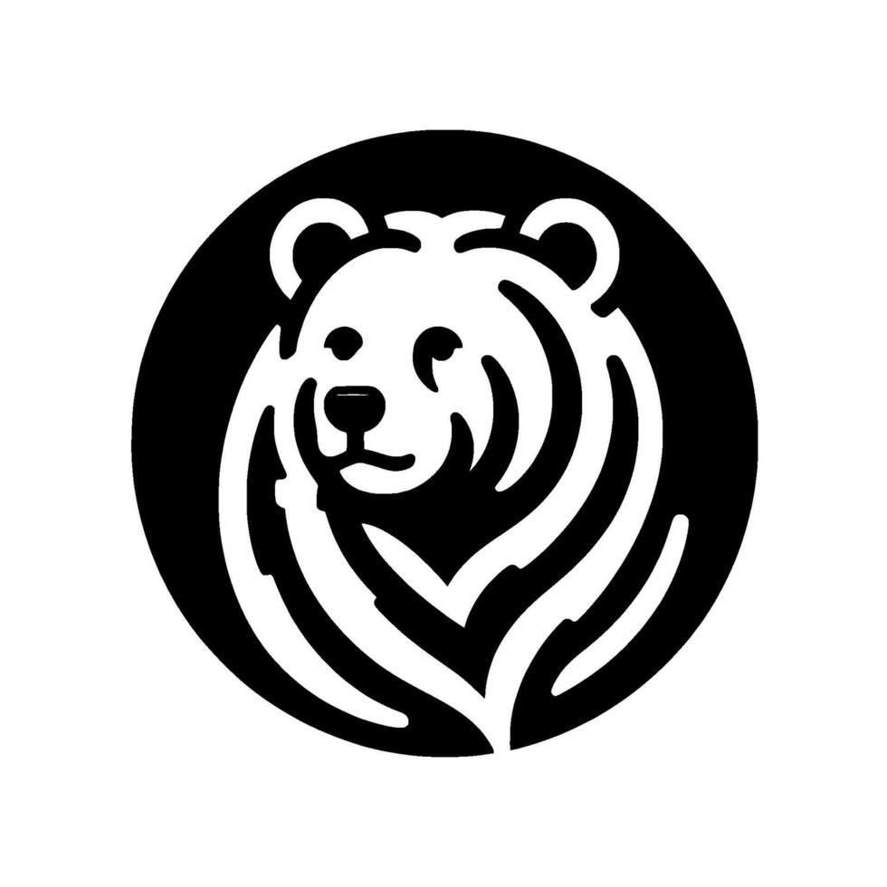 Stylized monochrome illustration of a bear head silhouette within a black circular frame, showcasing a minimalistic and bold contrast. vector