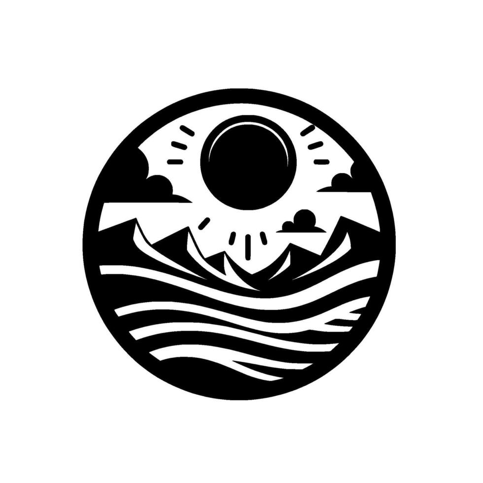 Monochrome circular emblem featuring a stylized landscape sun, mountains, water, and clouds, creating a minimalist, serene nature scene. vector
