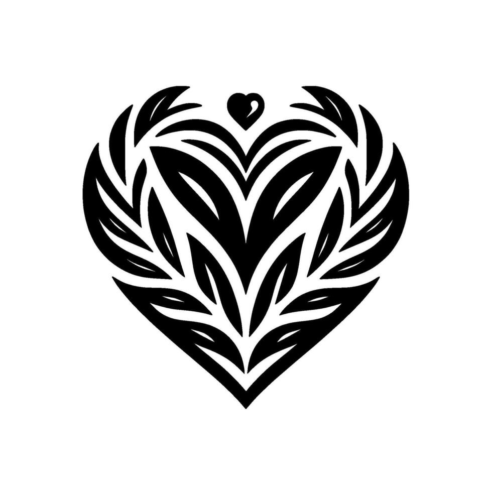 Black and white minimalist heart emblem, comprised of stylized leaf and feather shapes, adorned with a small heart atop, on white background. vector