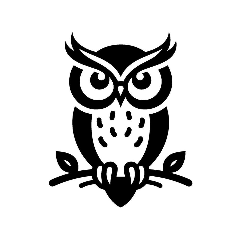 A stylized black and white illustration of an owl perched on a tree branch, featuring bold lines and a minimalist aesthetic. vector