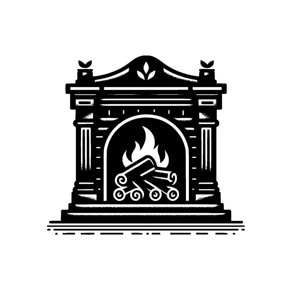 Black and white illustration of an ornate fireplace with burning logs and flames, featuring architectural details and decorative elements. vector