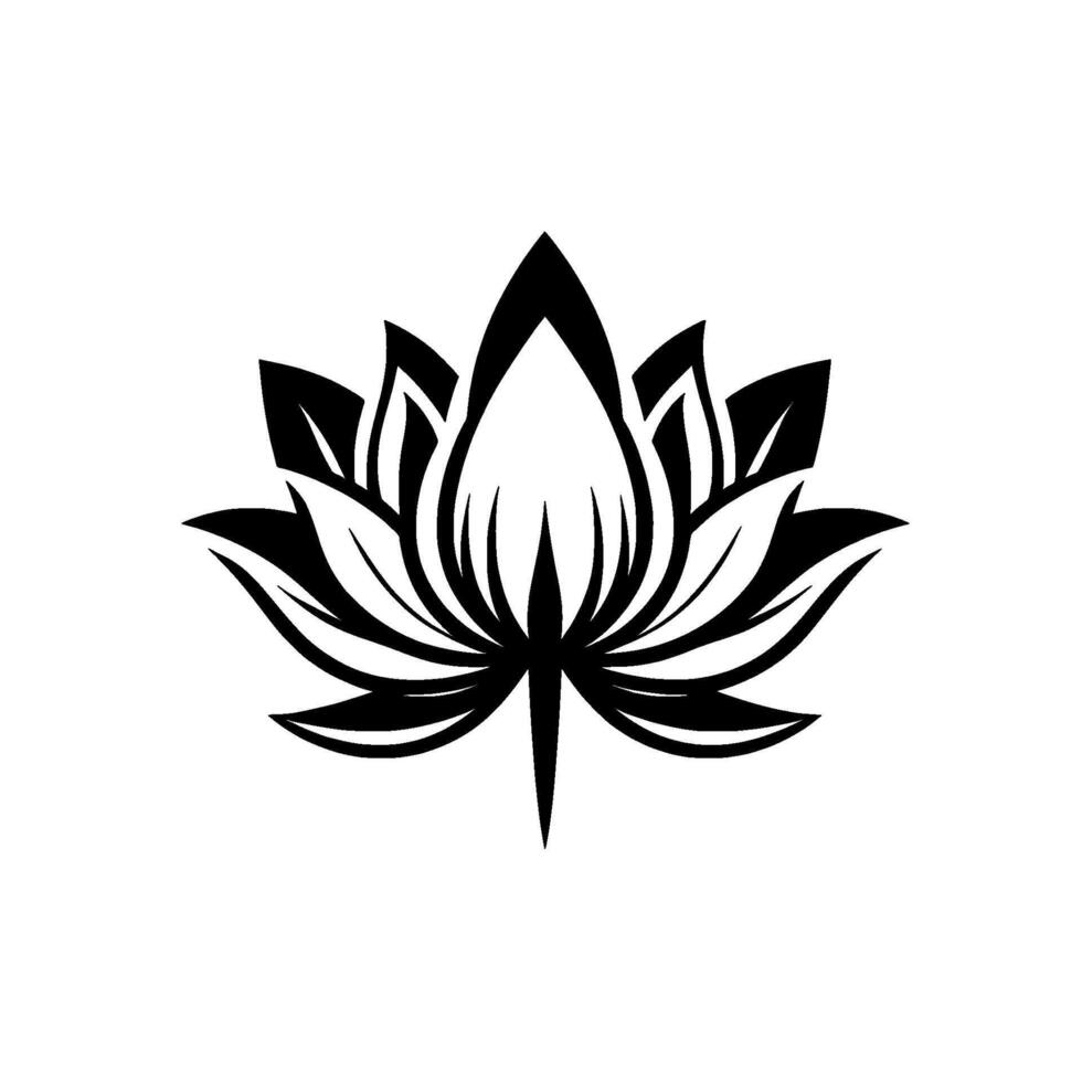 A symmetrical, highcontrast black and white illustration of a stylized lotus flower, showcasing its layers and delicate curves against a stark white background. vector