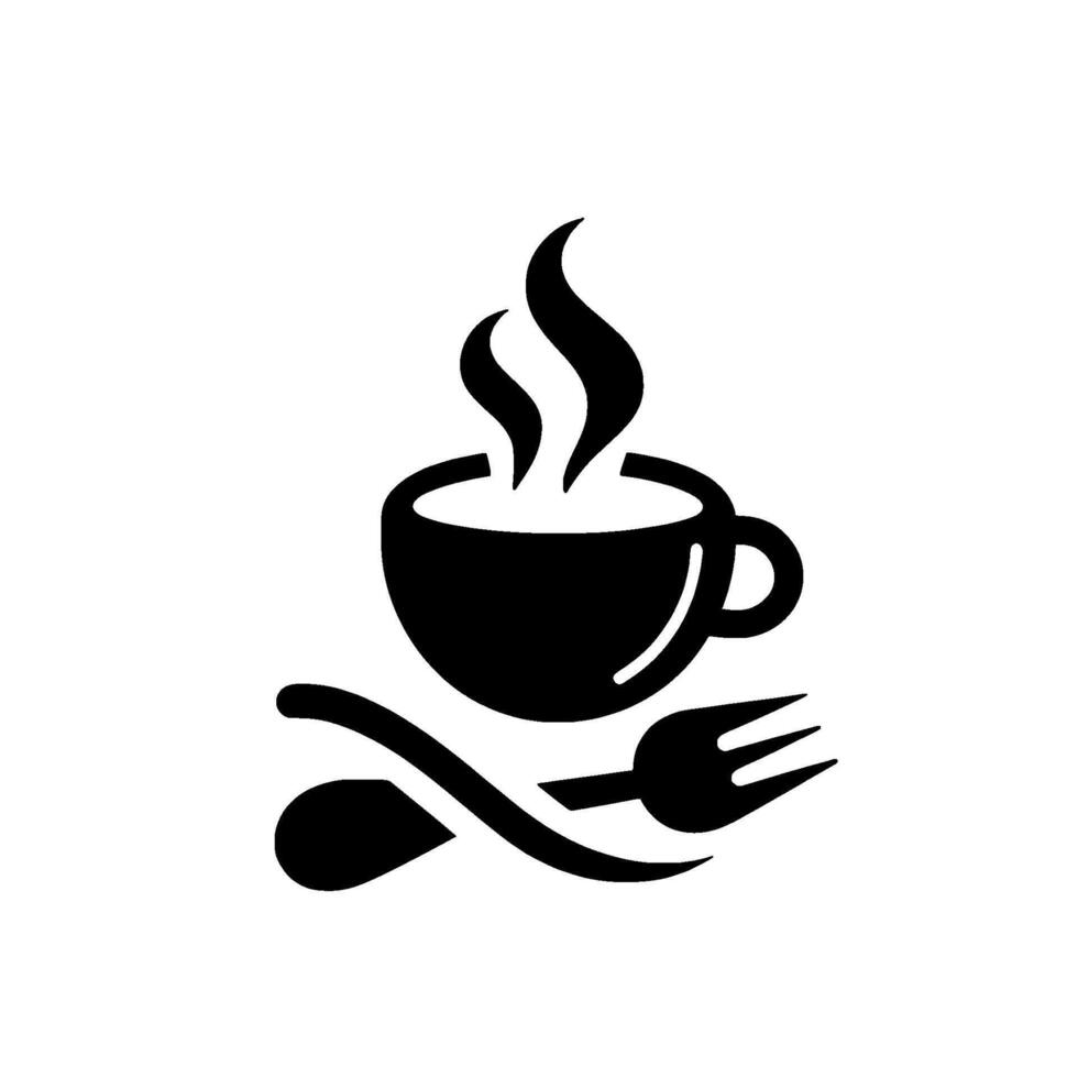 Silhouette of a steaming coffee cup with spoon and fork, simple black and white , cafe or restaurant symbol. vector