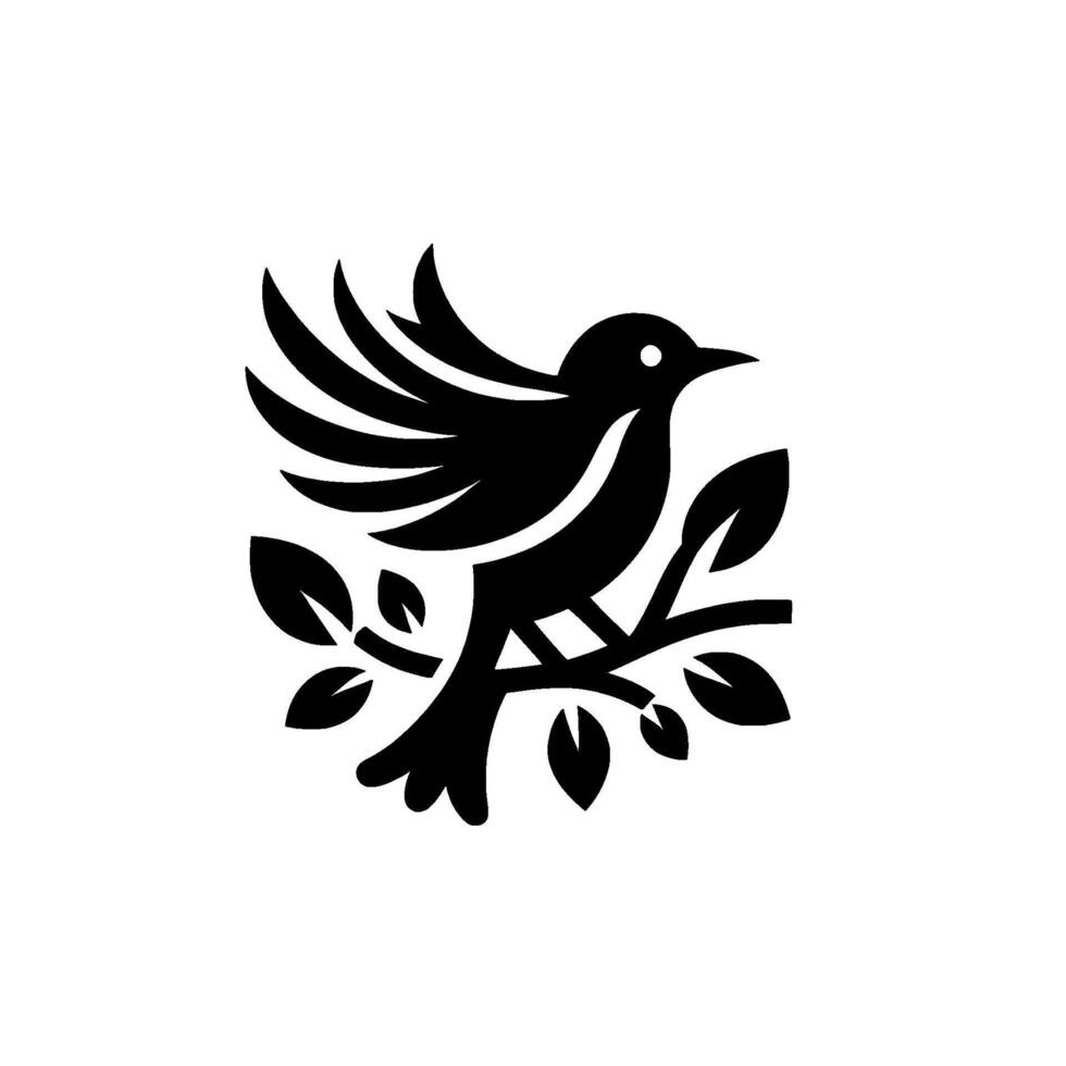of a black bird perched on a leafy branch with white background, minimalist illustration. vector