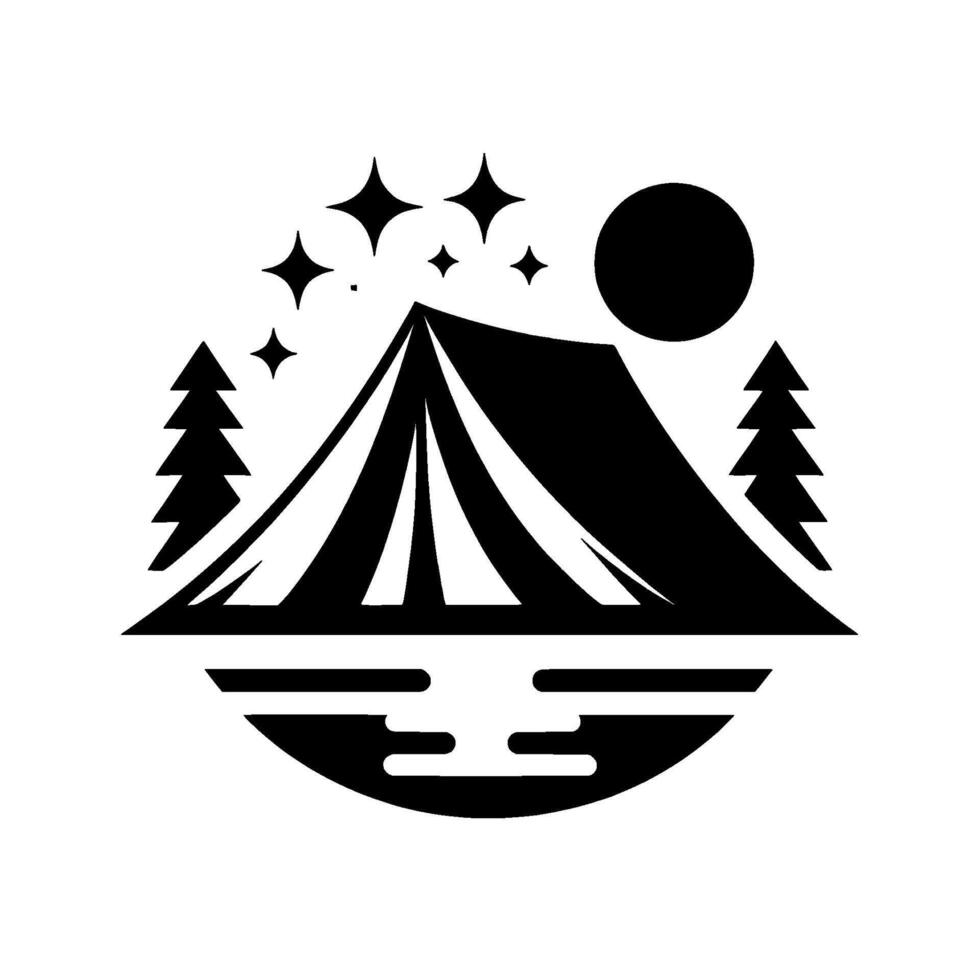 Black and white minimalist camping tent beneath stars and moon, flanked by trees, reflecting on stylized water. vector