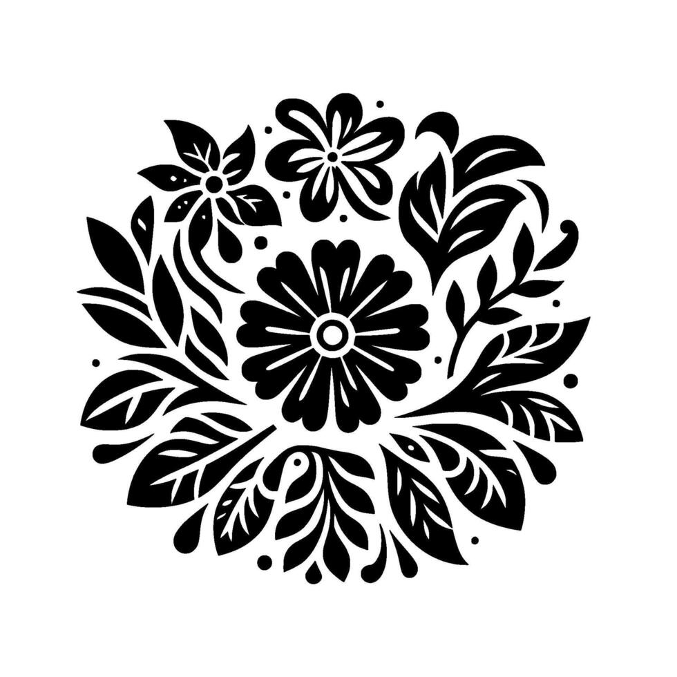 Symmetrical Black and White Floral A circular composition featuring stylized flowers, leaves, and dots, creating a minimalist and elegant aesthetic on a white background. vector