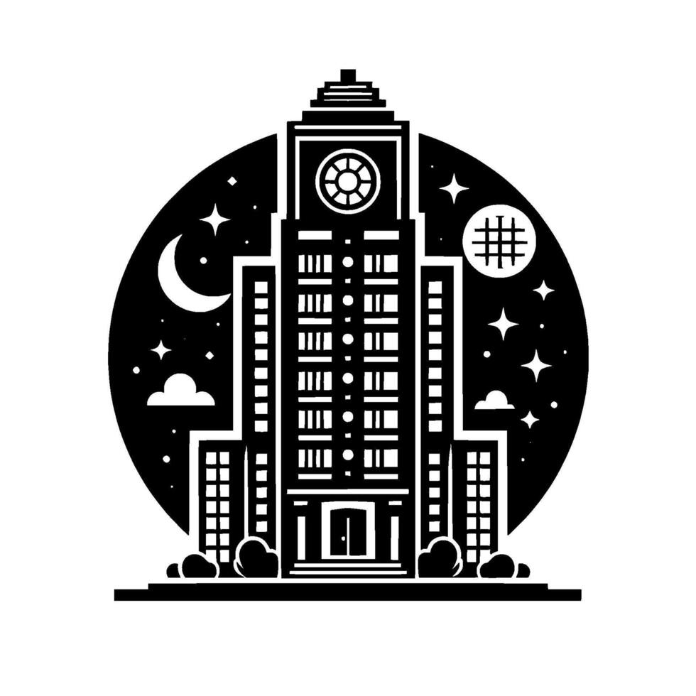 Black and white architectural silhouette of a clock tower building at night, encompassed by a starry sky and crescent moon, in a retro art style. vector