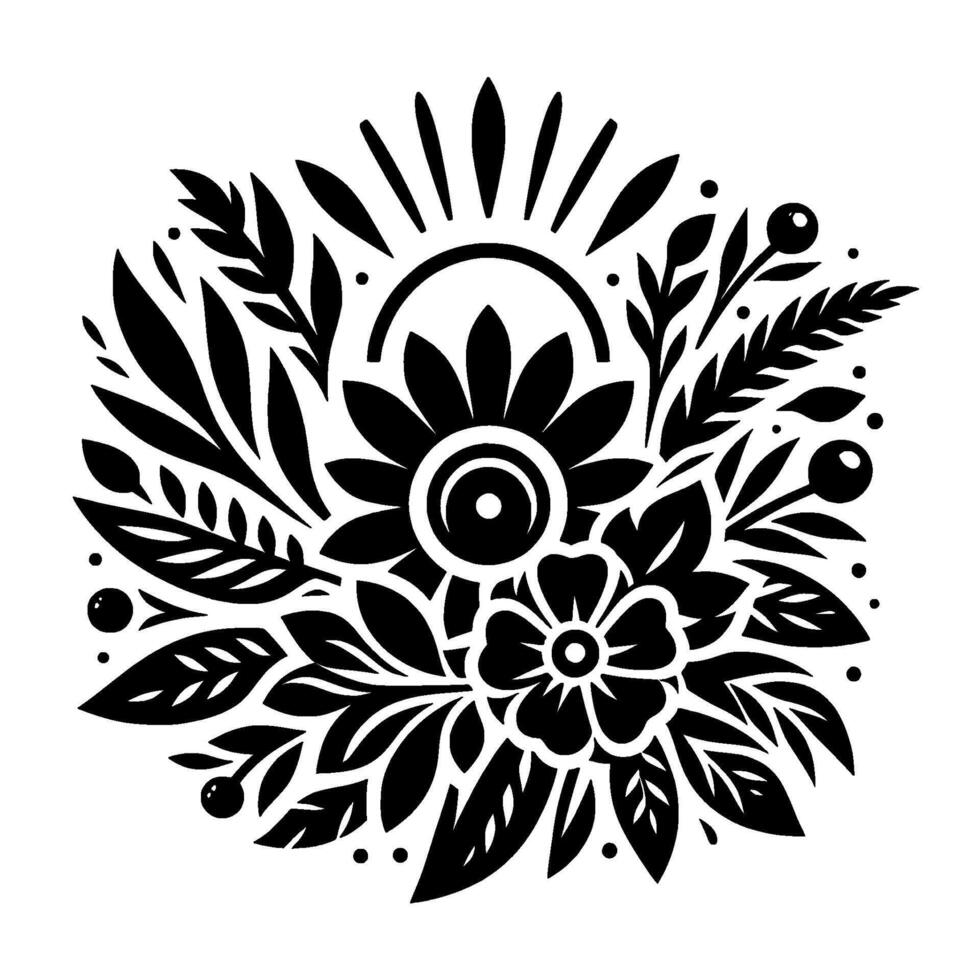 Bold Black White Floral Composition Featuring a Central Sunflower, Accented by Leaves, Berries, and Ornamental Details, Against a White Backdrop. vector