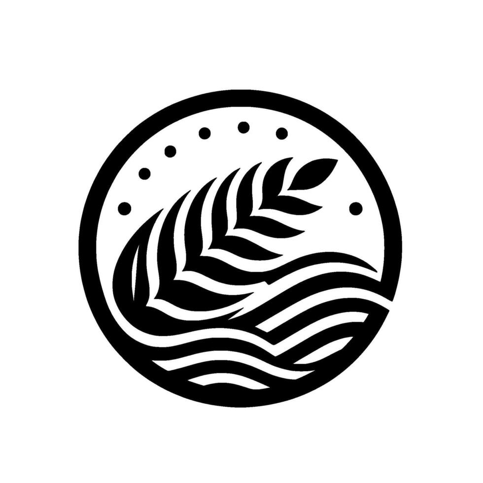 Simplified circular with black silhouette of stylized wheatpalm leaf over waves, dotted border on white background. vector