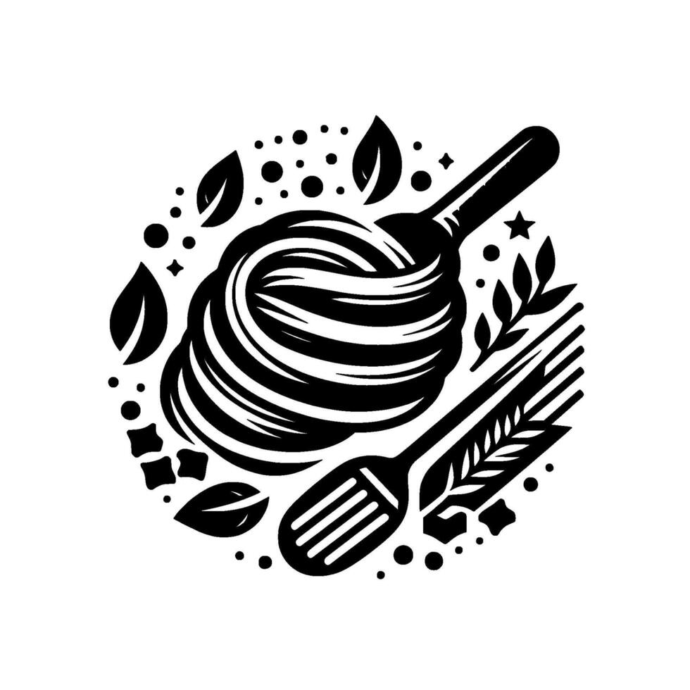 Circular blackandwhite illustration of spaghetti nest with spoon and fork, surrounded by leaves, dots and stars, food . vector