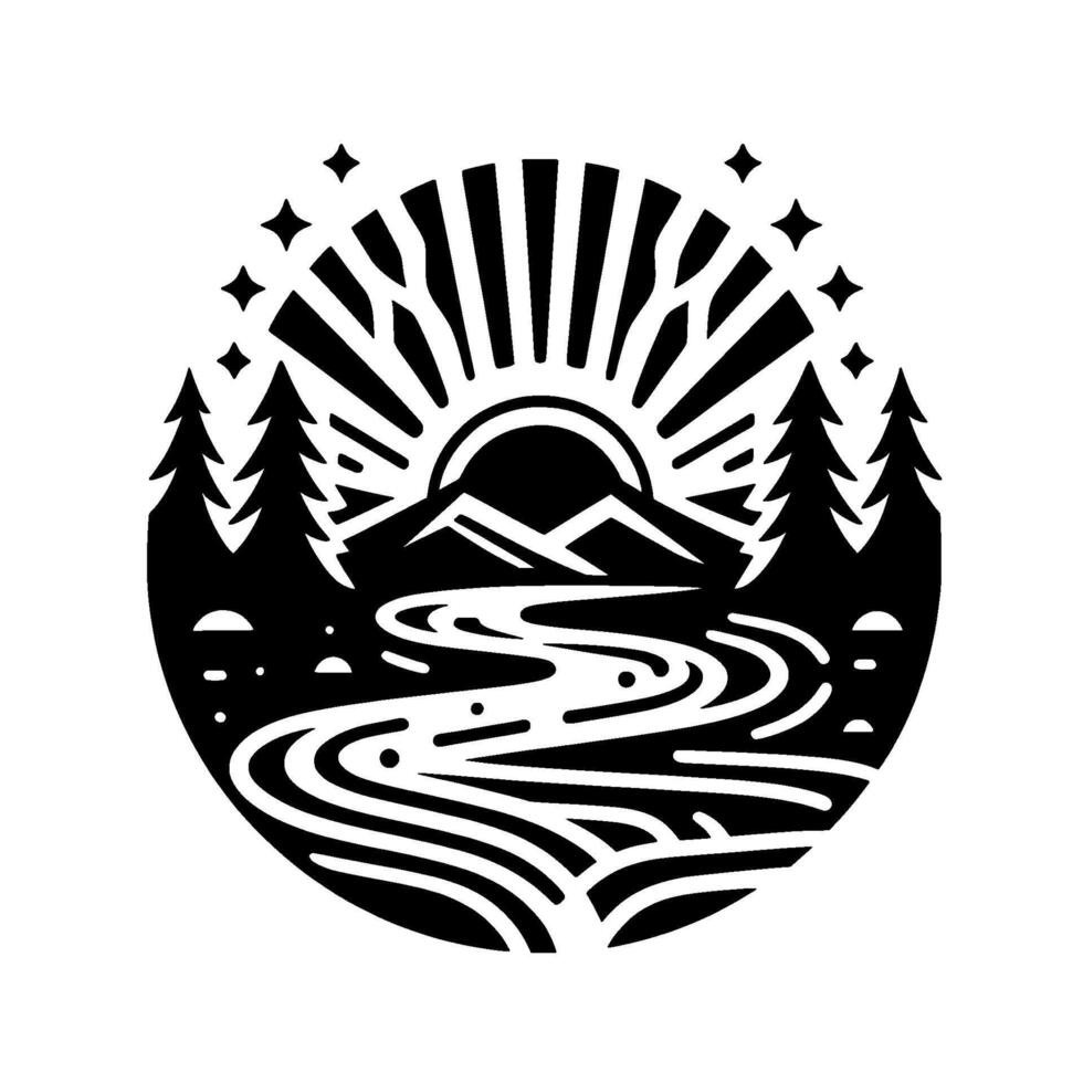 Serene Black White Illustration Mountain Landscape with River, Sun, and Pines Inside a Circle. vector