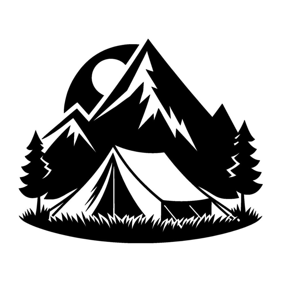 Black and White Camping A Mountain Landscape Silhouette with a Tent, Trees, and a Celestial Orb, ideal for outdoor lifestyle branding. vector