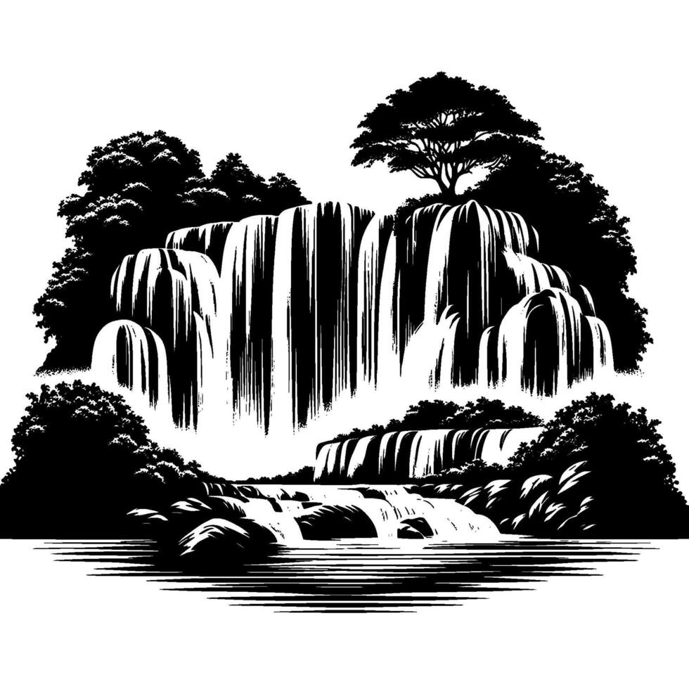 Elegant black and white illustration of a cascading waterfall surrounded by lush foliage and a serene, reflective pool. vector