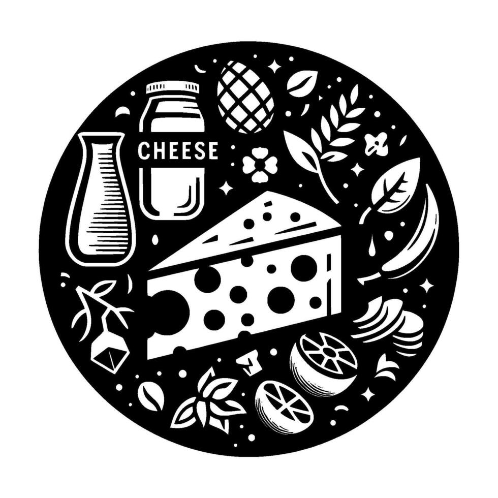 A monochrome circular illustration featuring cheese, fruits, herbs, and a jar, arranged in a stylized foodthemed composition. vector