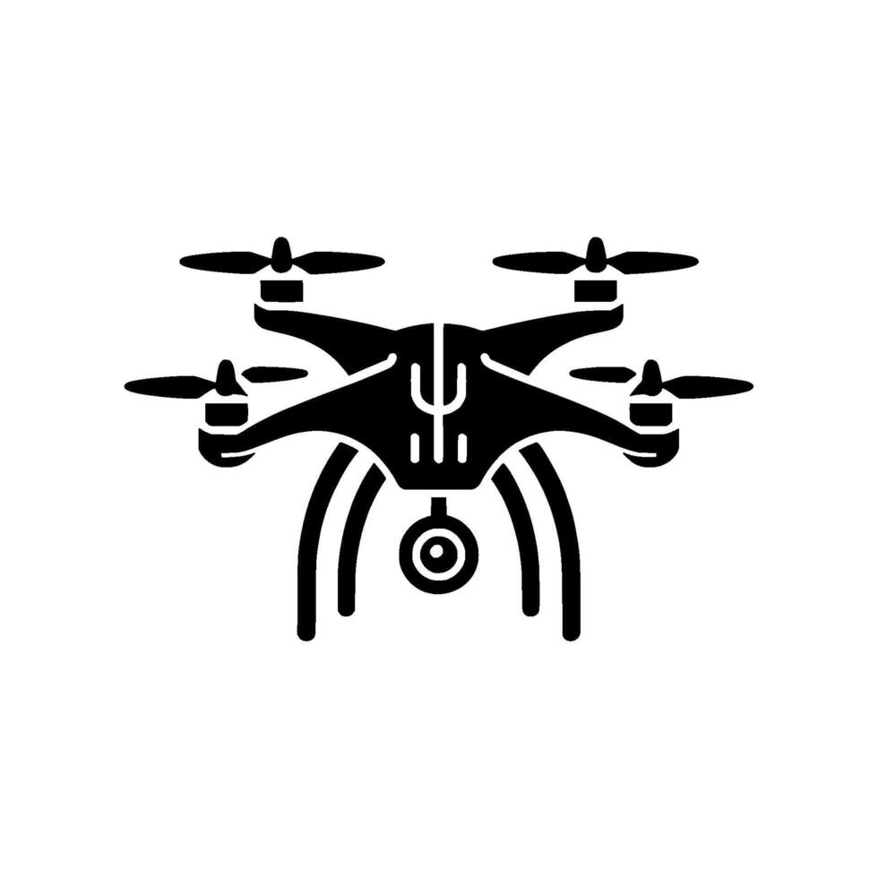 Monochromatic Silhouette of a Modern Drone with Camera, Propellers, and Curved Supports on White Background. vector