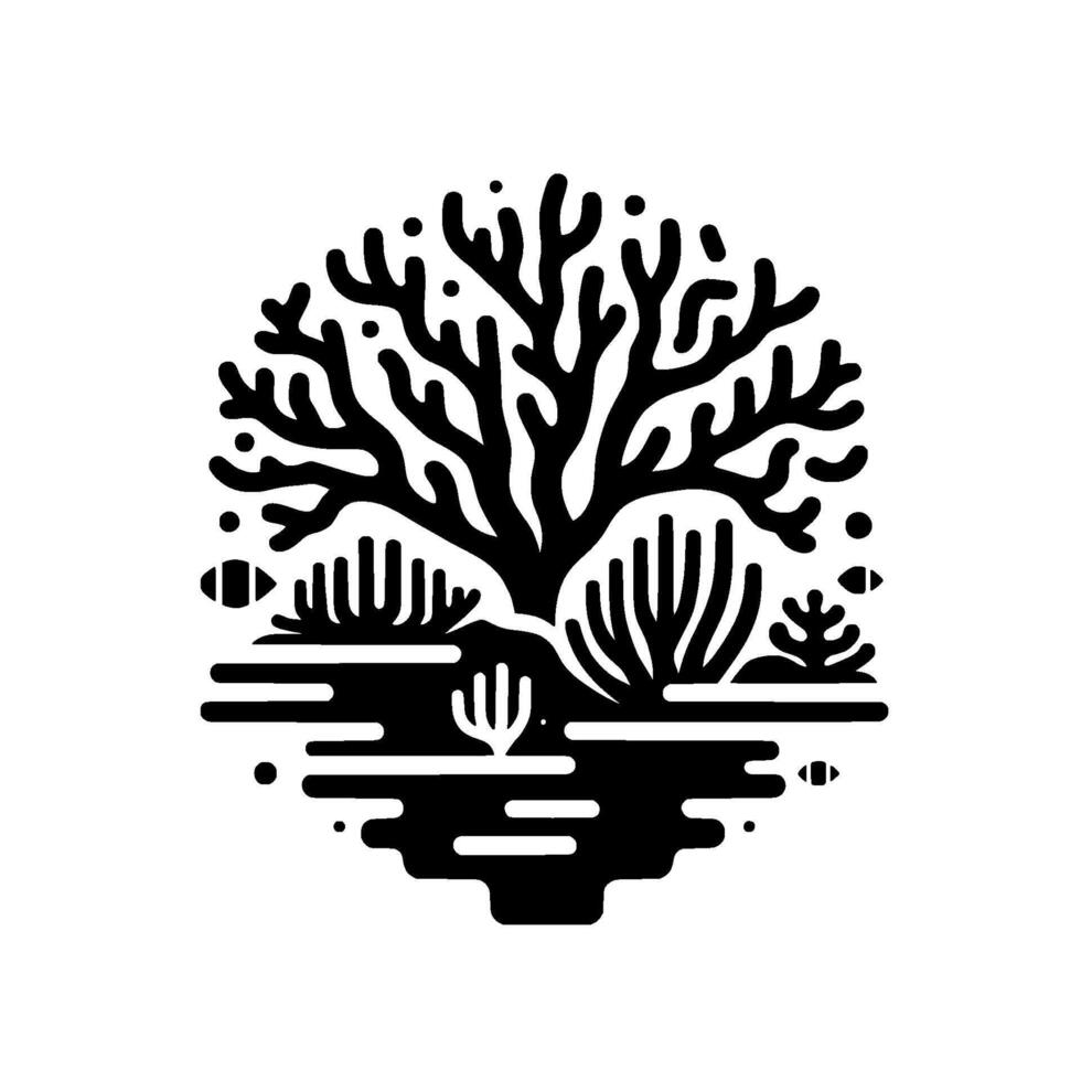 A monochromatic, stylized illustration of a treelike coral formation within a circular frame, depicting marine life and flora. vector