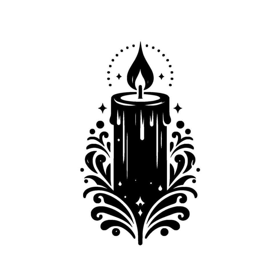 Elegant Black and White Candle Illustration, Adorned with Ornamental Flourishes and a Subtle Celestial Halo. vector