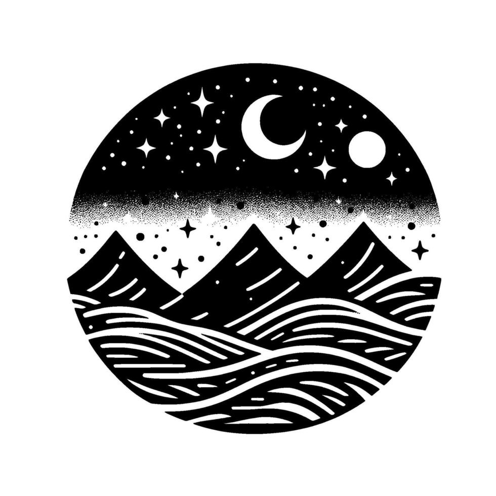 Serene Black and White Circular Illustration of Mountains, Crescent Moon, Stars, and Waves in a Night Scene. vector