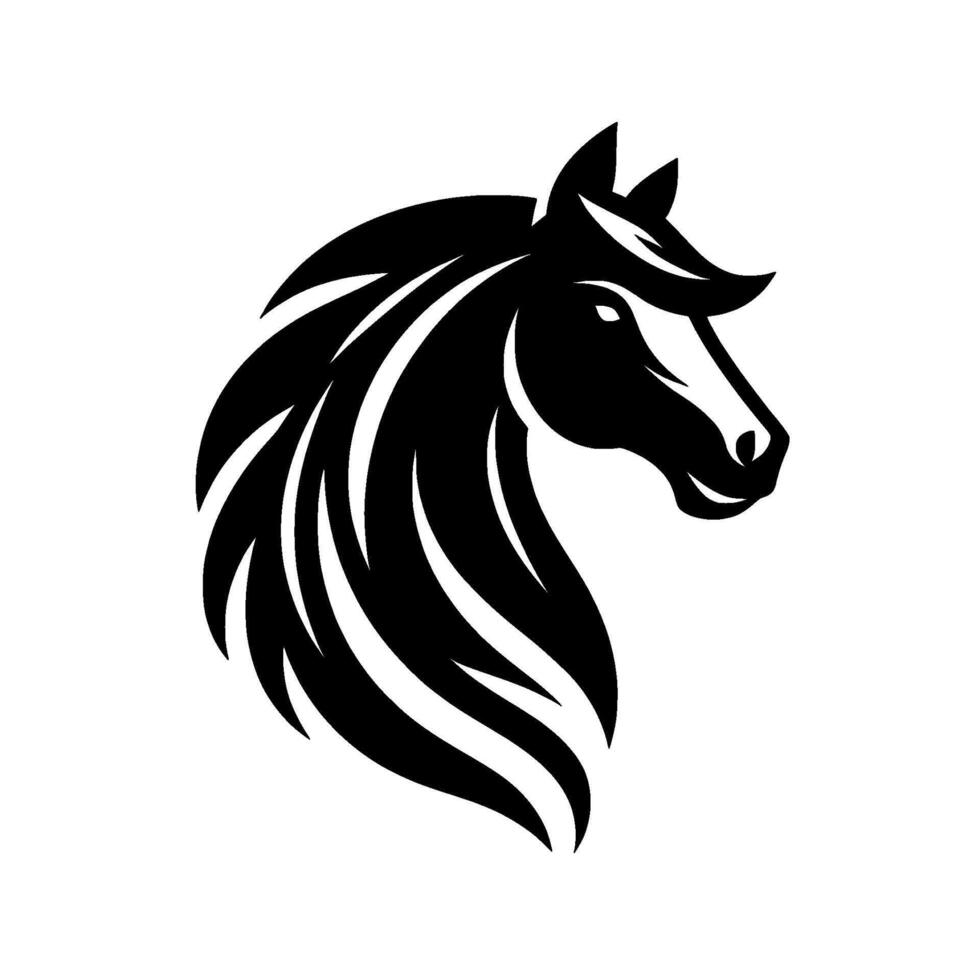 A sleek, minimalistic black and white of a horses head, showcasing elegant flowing mane, poised with grace. vector